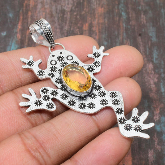 Joyful Leap – Citrine Silver Frog Pendant