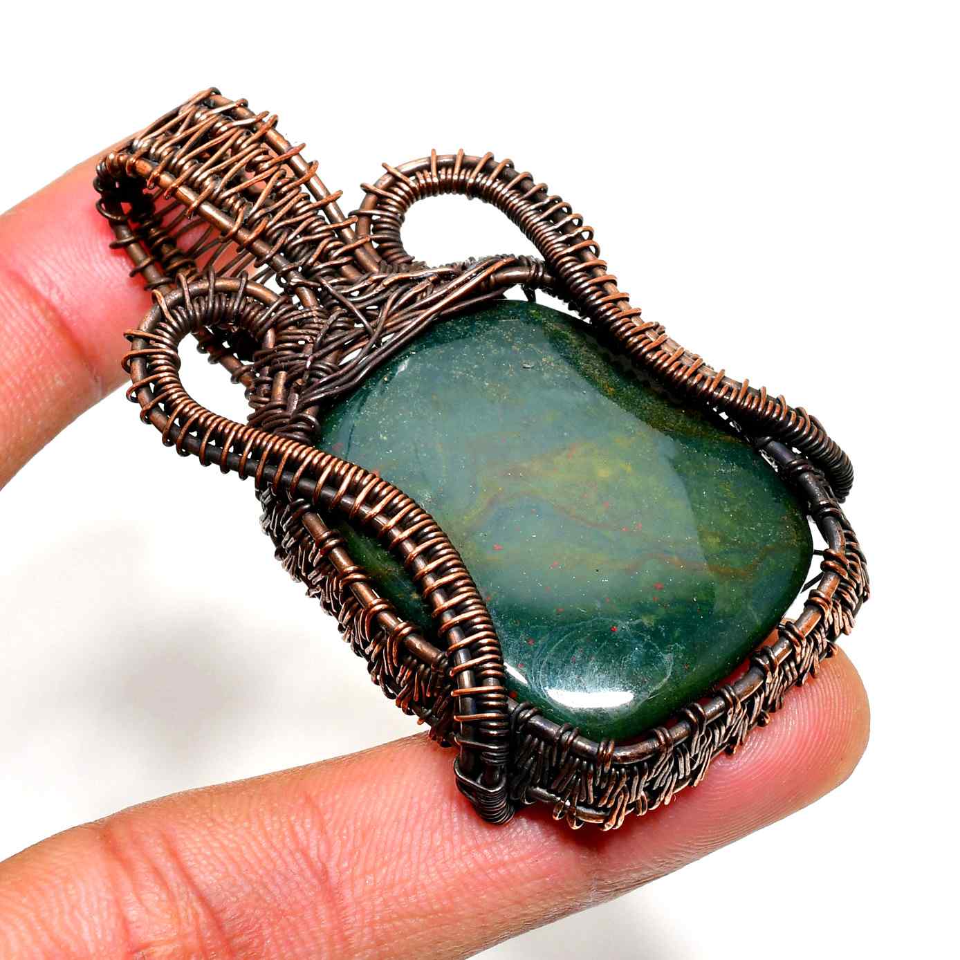 Abyssal Harmony – Green Stone & Rustic Copper Pendant