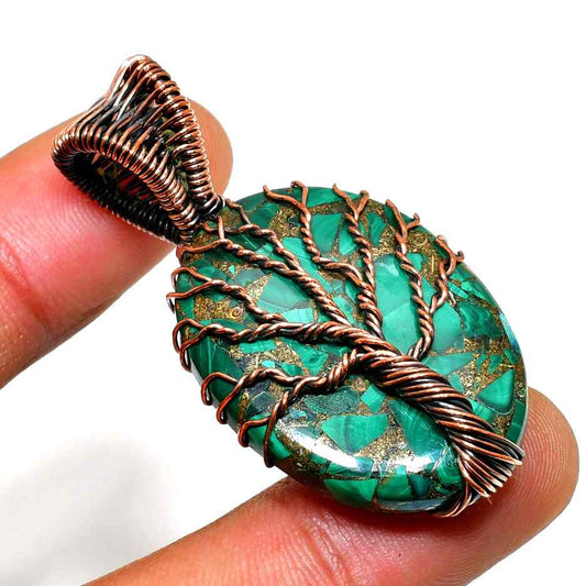 Gaia’s Grove – Malachite Copper Tree of Life Pendant
