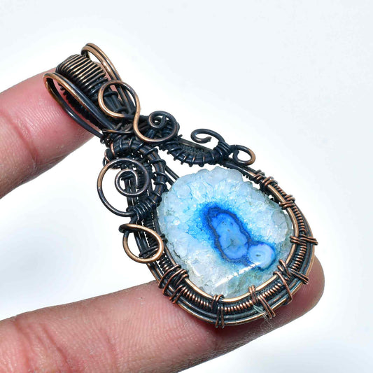Selene’s Whisper – Blue Agate Geode Copper Pendant
