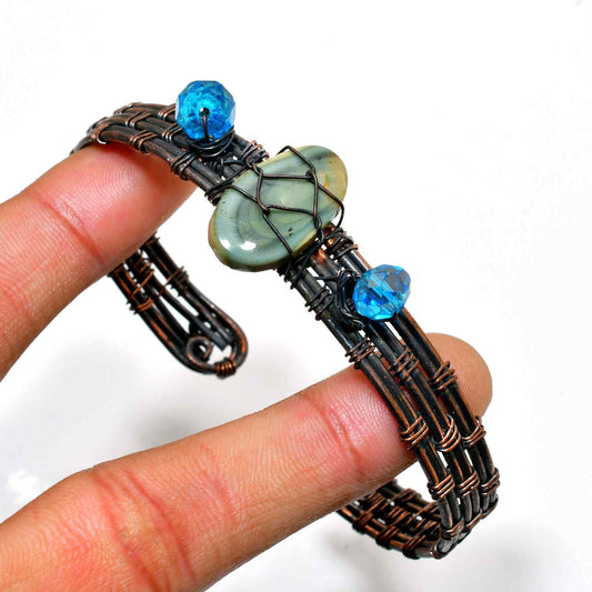 Earth’s Embrace – Jade & Blue Glass Copper Bracelet