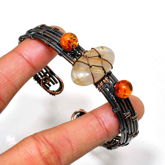 Radiant Aura – Rutilated Quartz & Amber Copper Bracelet