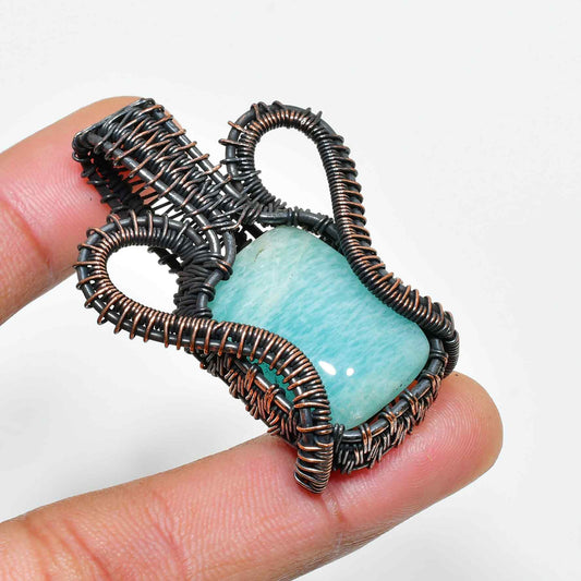 Aquamarine Aura – Oxidized Copper Wire Pendant