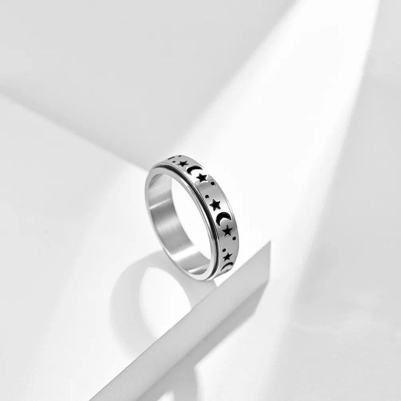Silver Moon Star Gemstone Spinner Ring
