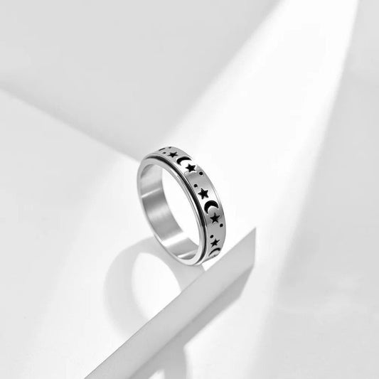 Silver Moon Star Gemstone Spinner Ring