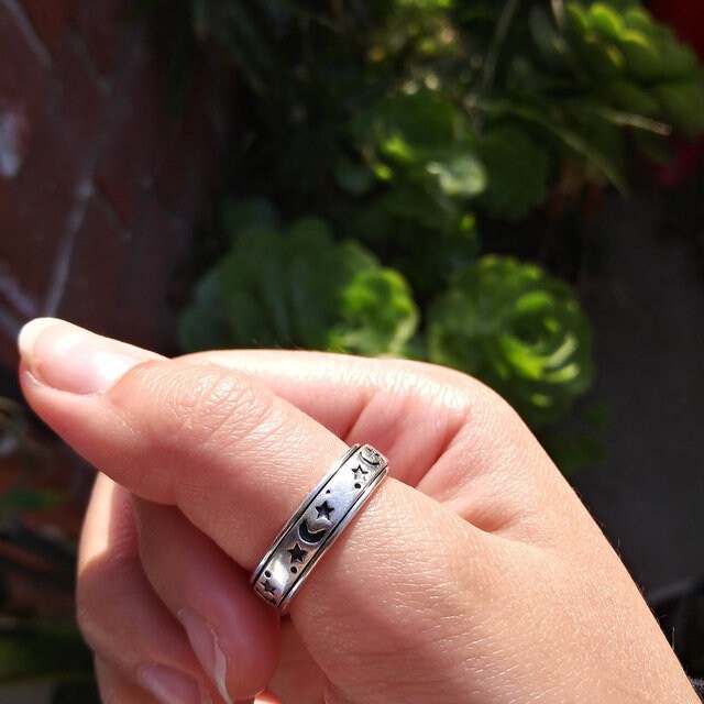 Silver Moon Star Gemstone Spinner Ring