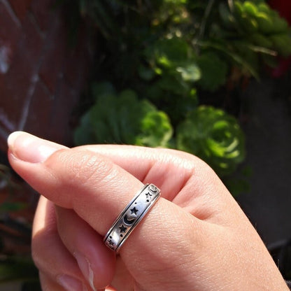Silver Moon Star Gemstone Spinner Ring