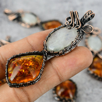 Rainbow Moonstone and Honey Baltic Amber Gemstone Copper Pendant