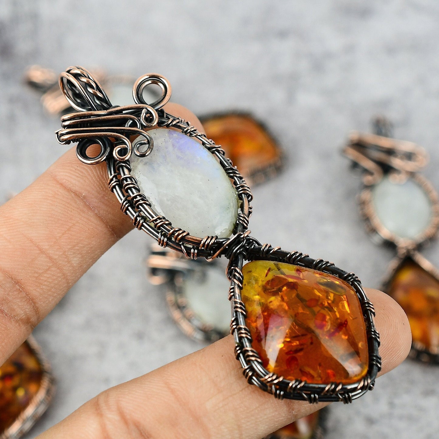 Rainbow Moonstone and Honey Baltic Amber Gemstone Copper Pendant