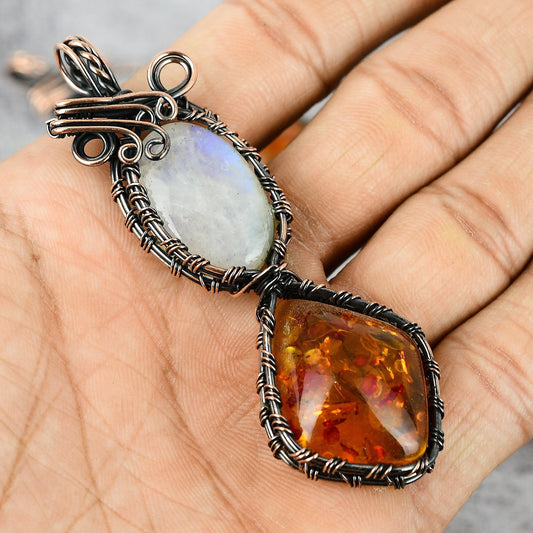Rainbow Moonstone and Honey Baltic Amber Gemstone Copper Pendant