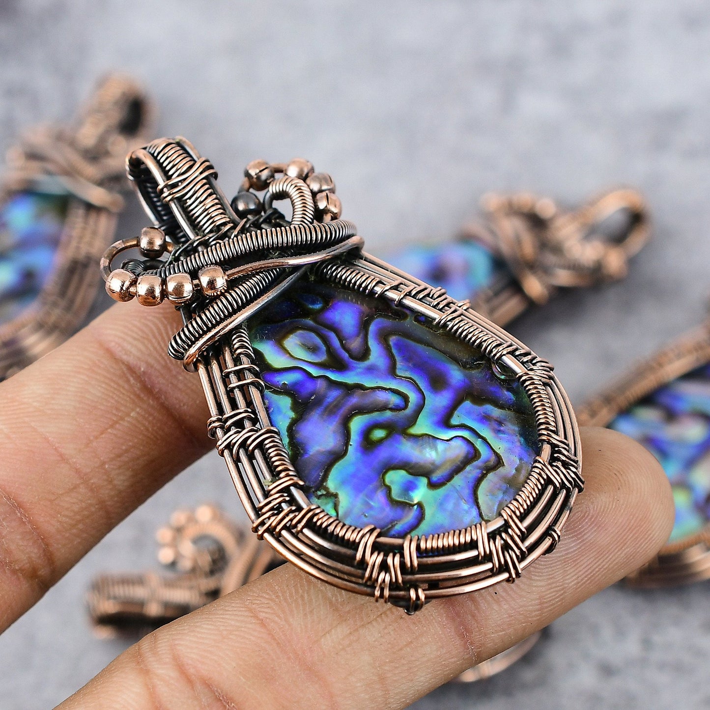 Iridescent Blue-Green Abalone Gemstone Copper Pendant