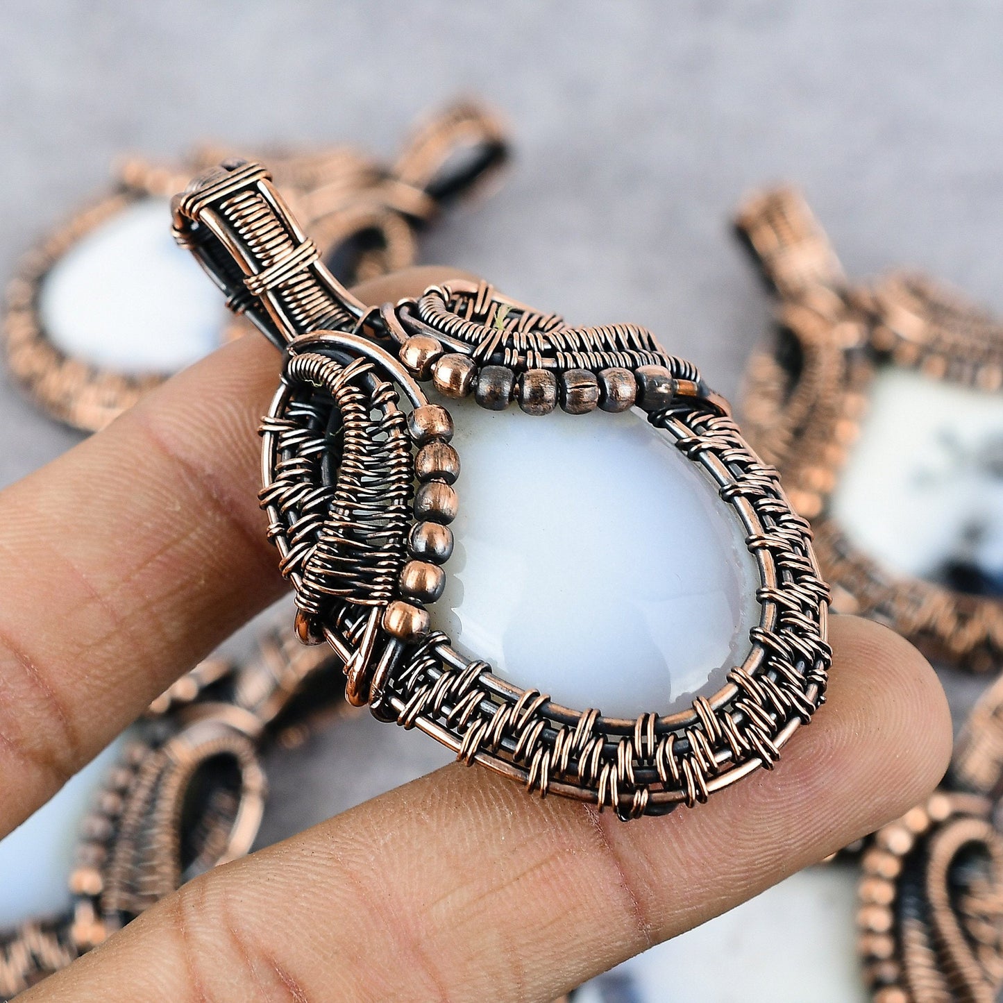 White Dendrite Opal Gemstone Copper Pendant