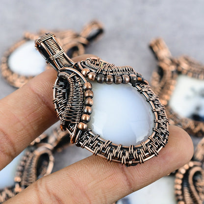 White Dendrite Opal Gemstone Copper Pendant