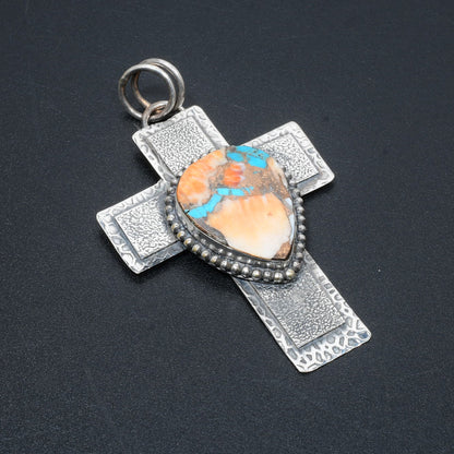 Turquoise & Orange Spiny Oyster Cross Pendant
