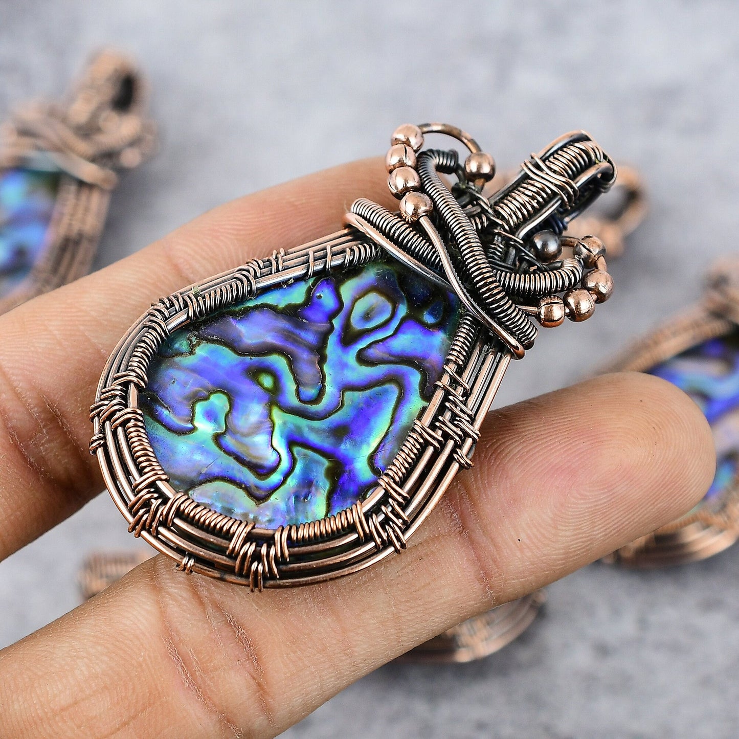 Iridescent Blue-Green Abalone Gemstone Copper Pendant