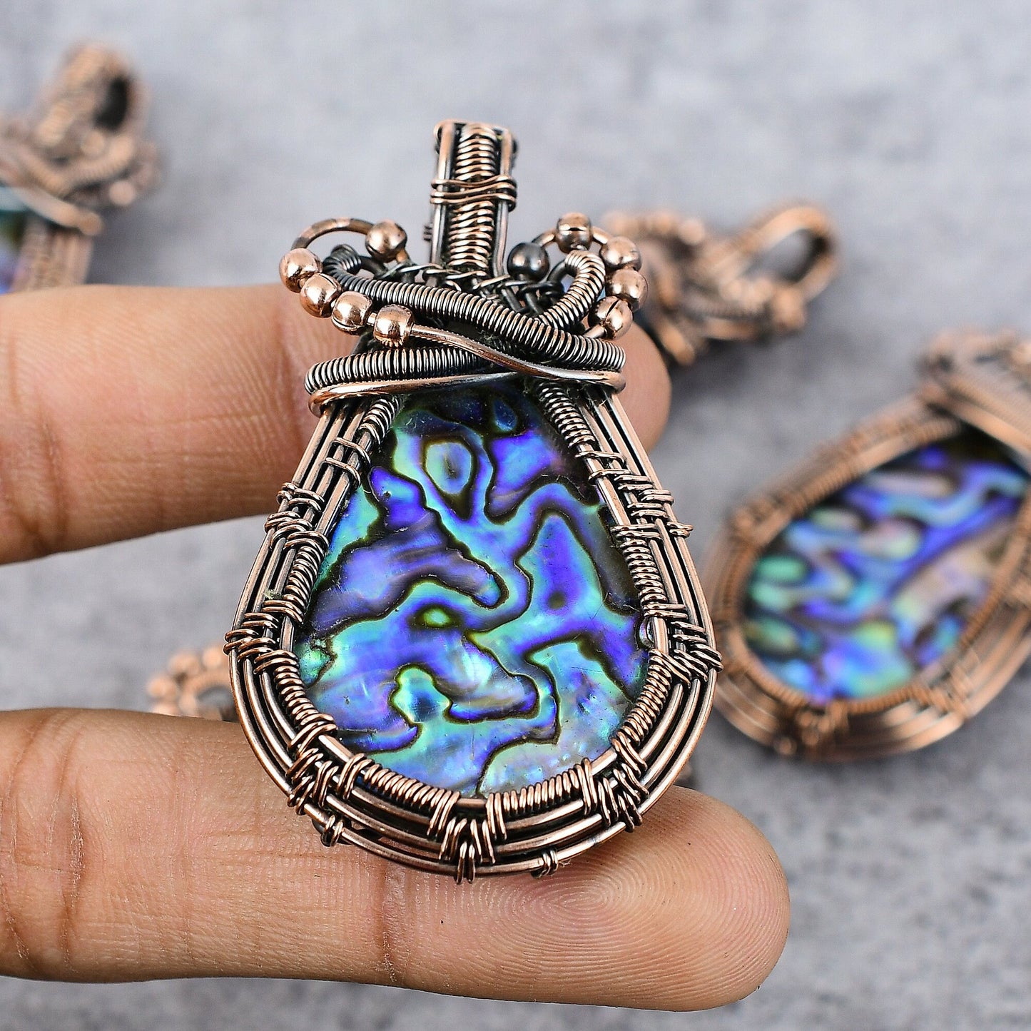 Iridescent Blue-Green Abalone Gemstone Copper Pendant