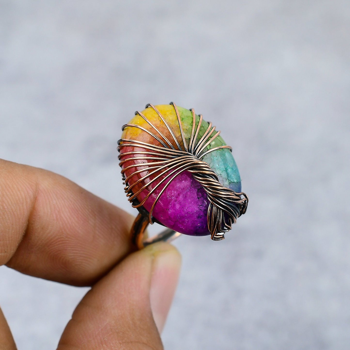 Rainbow Solar Quartz Gemstone Tree of Life Copper Ring