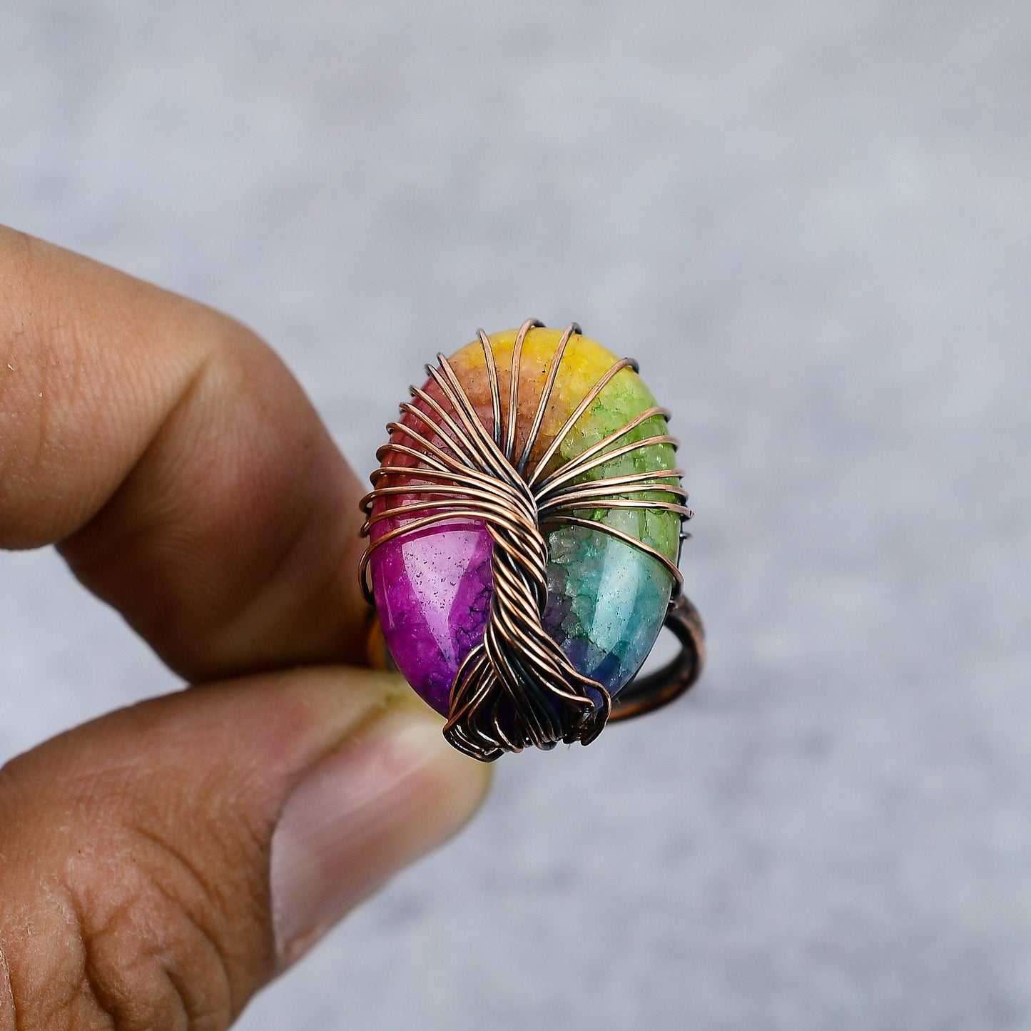 Rainbow Solar Quartz Gemstone Tree of Life Copper Ring