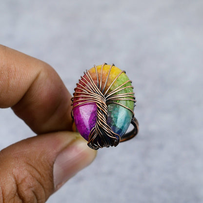 Rainbow Solar Quartz Gemstone Tree of Life Copper Ring