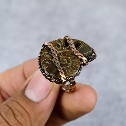 Brown Ammonite Gemstone Copper Ring