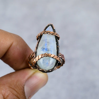 Rainbow Moonstone Gemstone Copper Ring