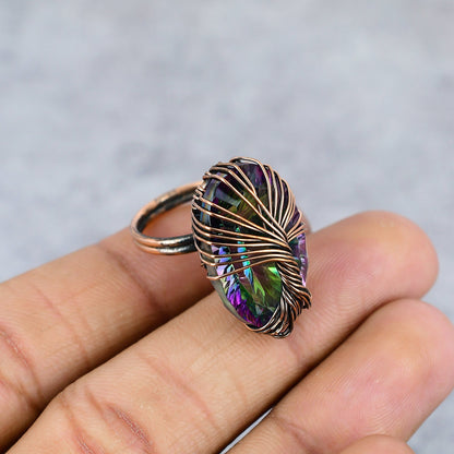 Rainbow Mystic Topaz Gemstone Tree of Life Ring