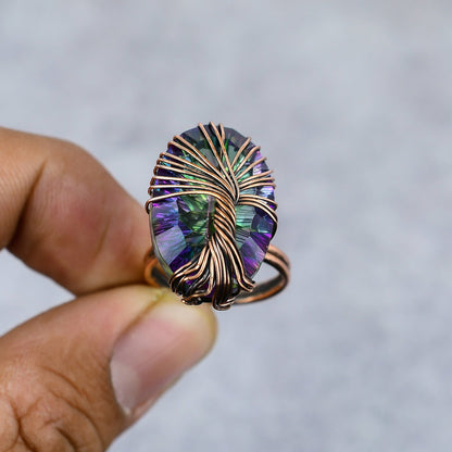 Rainbow Mystic Topaz Gemstone Tree of Life Ring