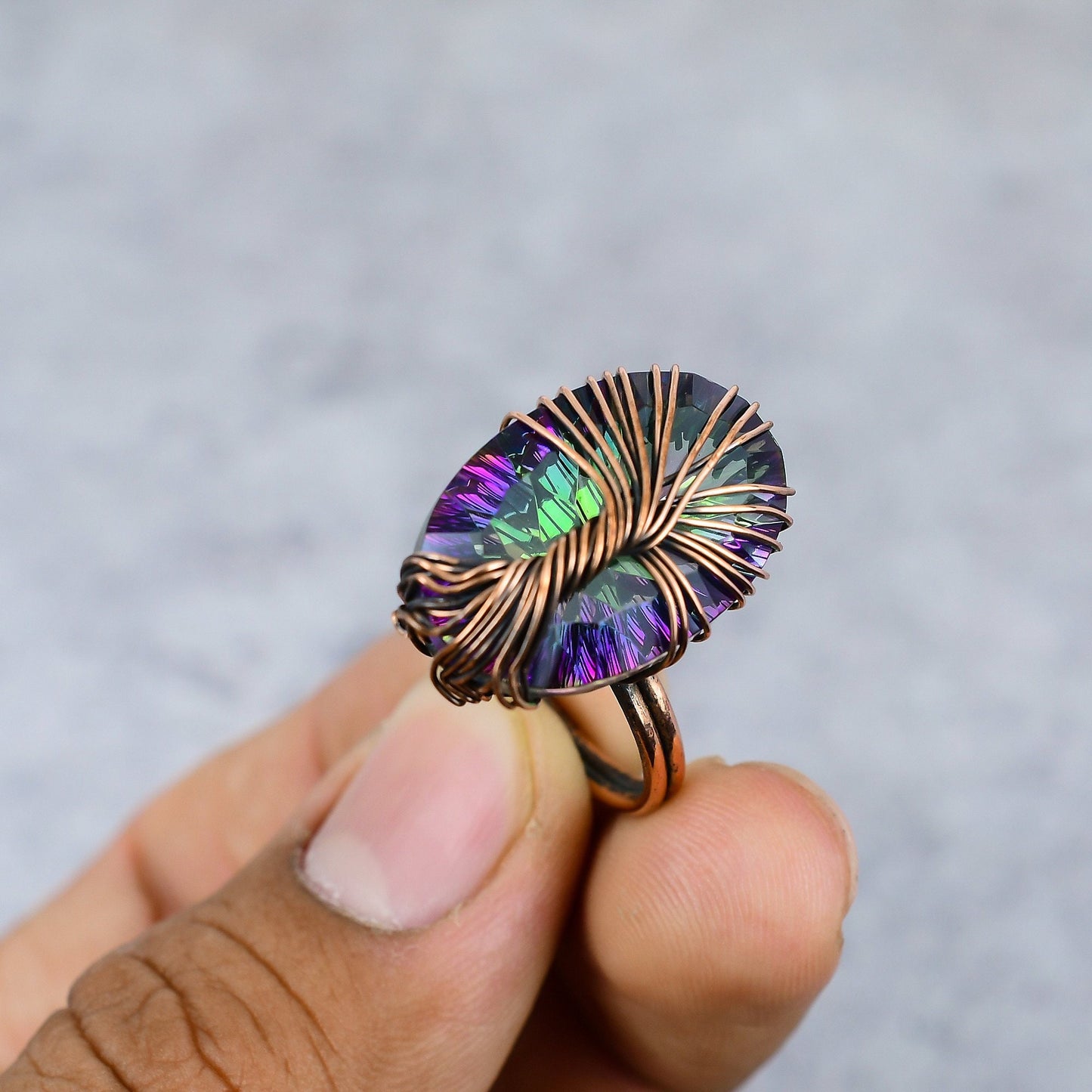 Rainbow Mystic Topaz Gemstone Tree of Life Ring