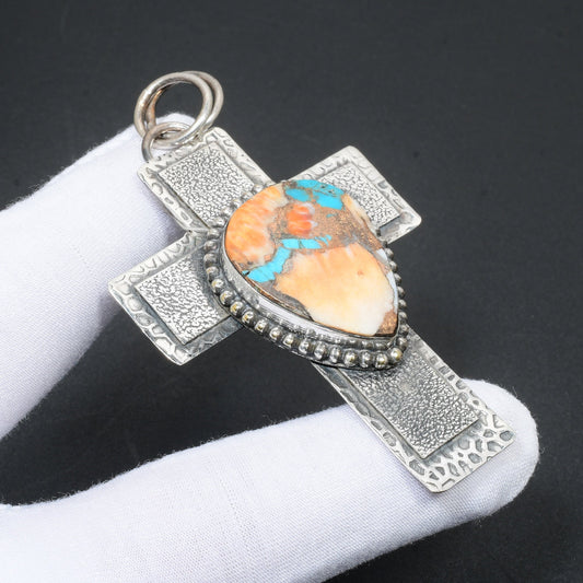 Turquoise & Orange Spiny Oyster Cross Pendant