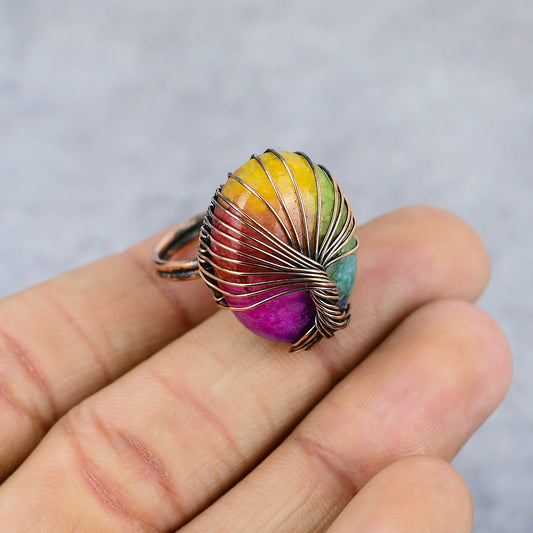 Rainbow Solar Quartz Gemstone Tree of Life Copper Ring