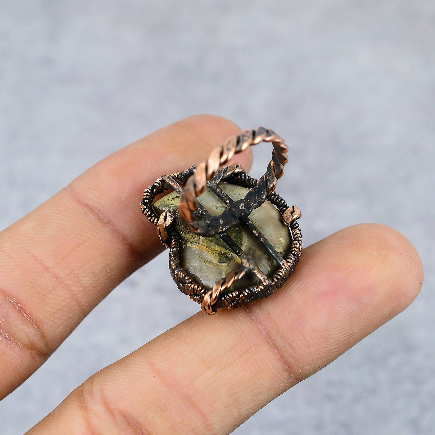 Brown Ammonite Gemstone Copper Ring