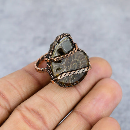 Brown Ammonite Gemstone Copper Ring