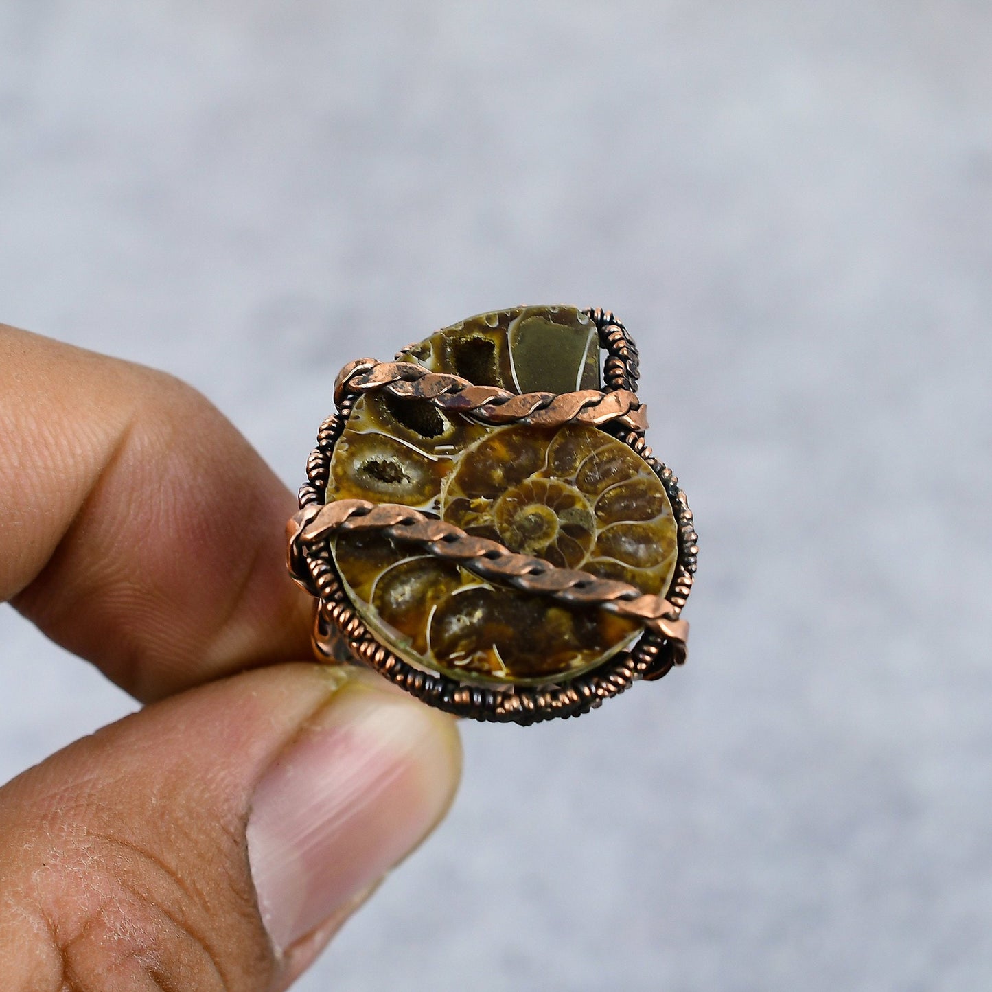 Brown Ammonite Gemstone Copper Ring