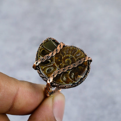 Brown Ammonite Gemstone Copper Ring