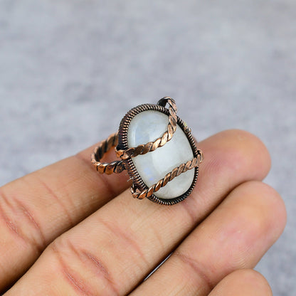 Rainbow Moonstone Gemstone Copper Ring
