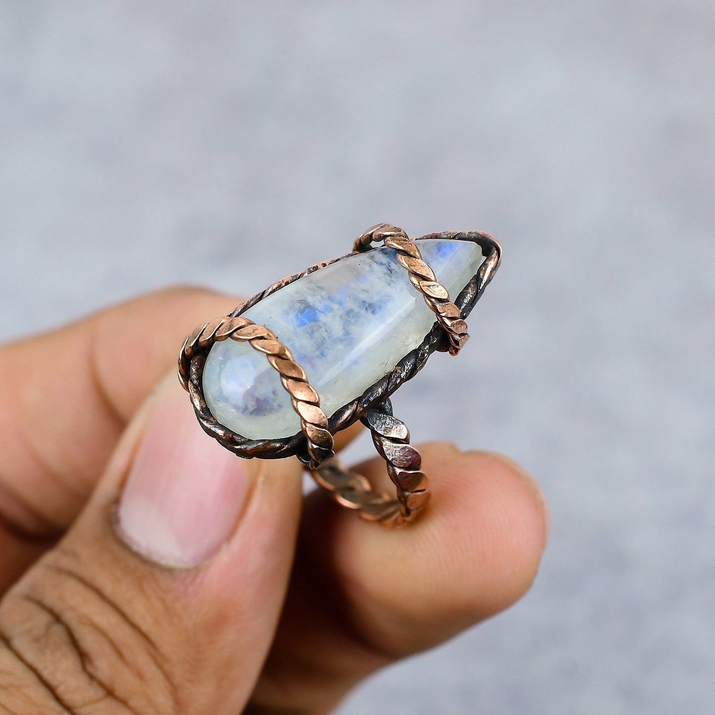 Rainbow Moonstone Gemstone Copper Ring