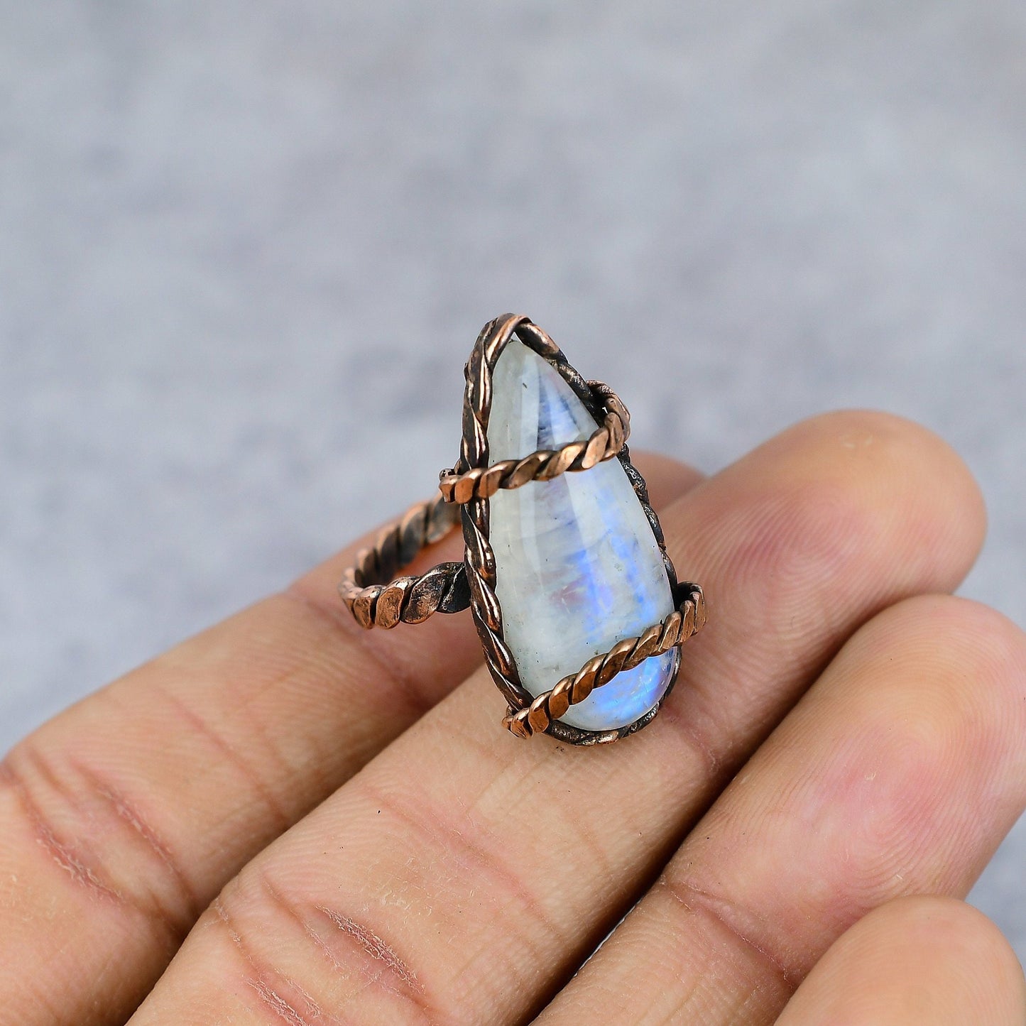 Rainbow Moonstone Gemstone Copper Ring