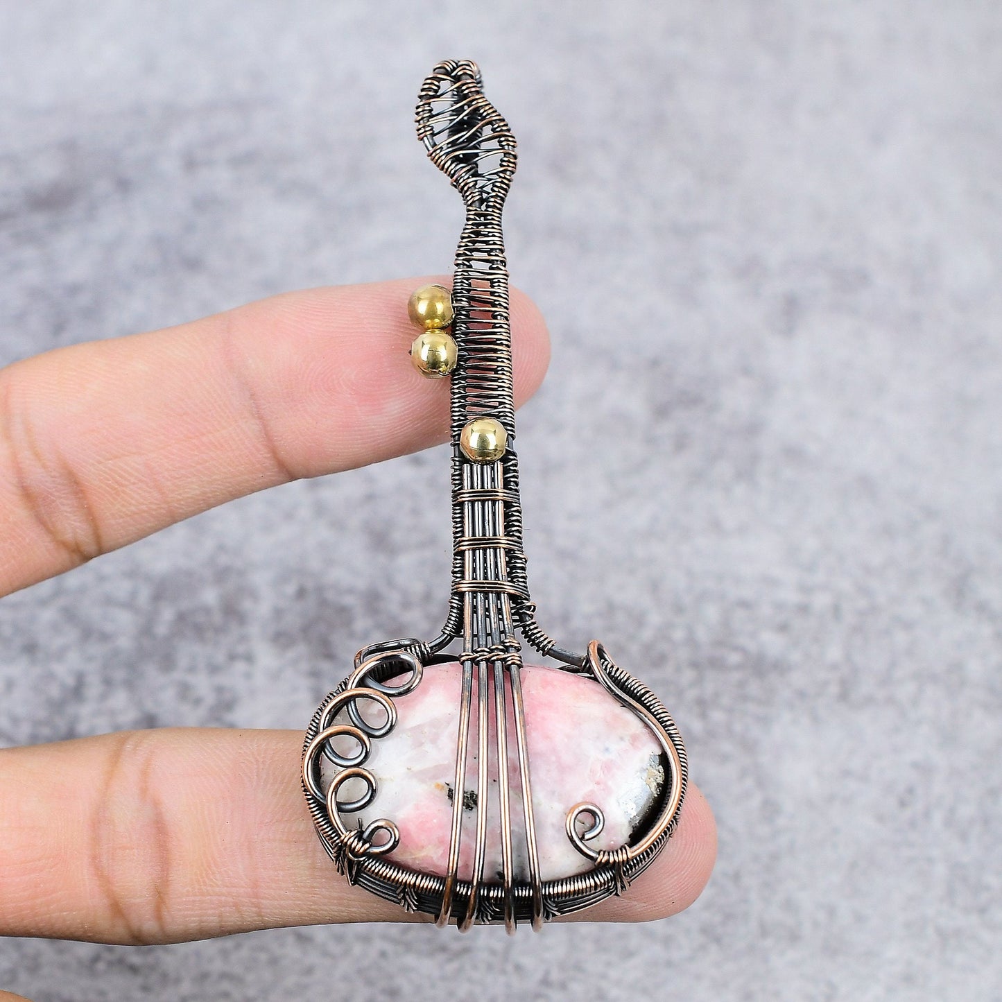 Pink Rhodochrosite Gemstone Guitar Pendant