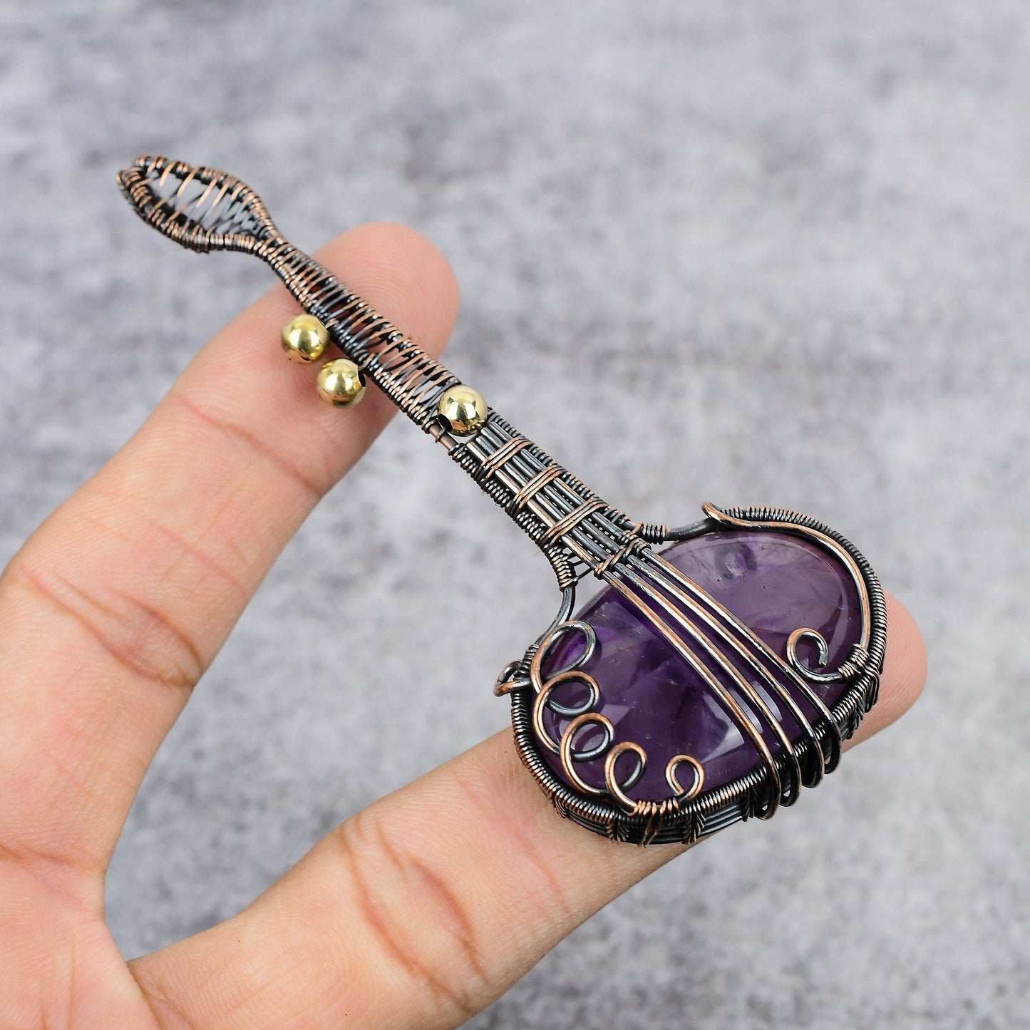 Purple Amethyst Gemstone Copper Guitar Pendant