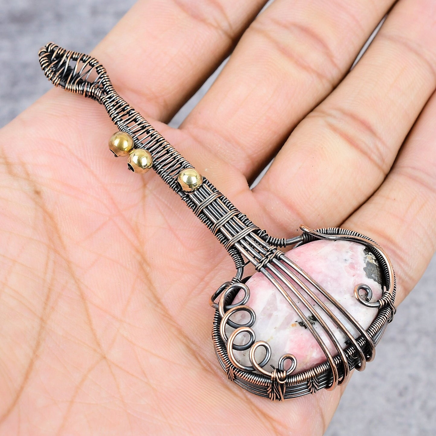 Pink Rhodochrosite Gemstone Guitar Pendant