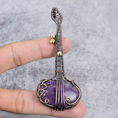 Purple Amethyst Gemstone Copper Guitar Pendant