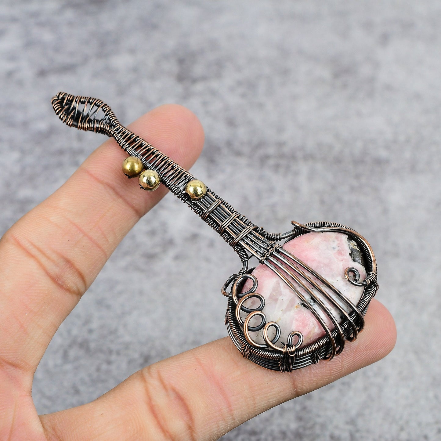 Pink Rhodochrosite Gemstone Guitar Pendant
