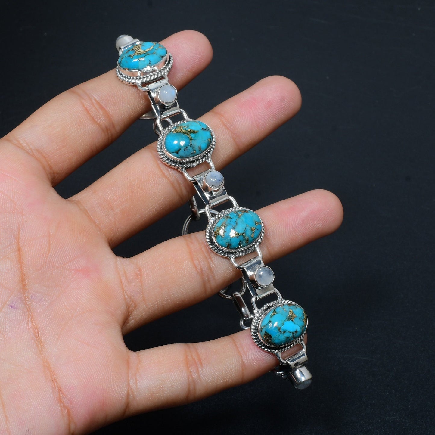 Blue Copper Turquoise & Moonstone Gemstone Bracelet