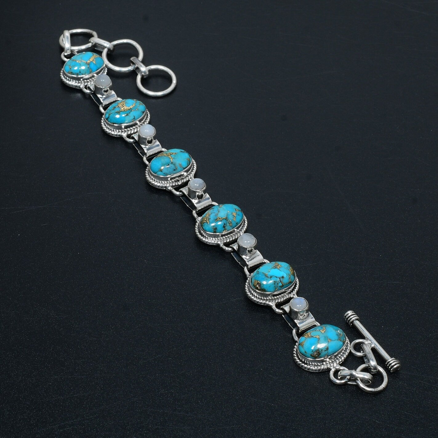 Blue Copper Turquoise & Moonstone Gemstone Bracelet