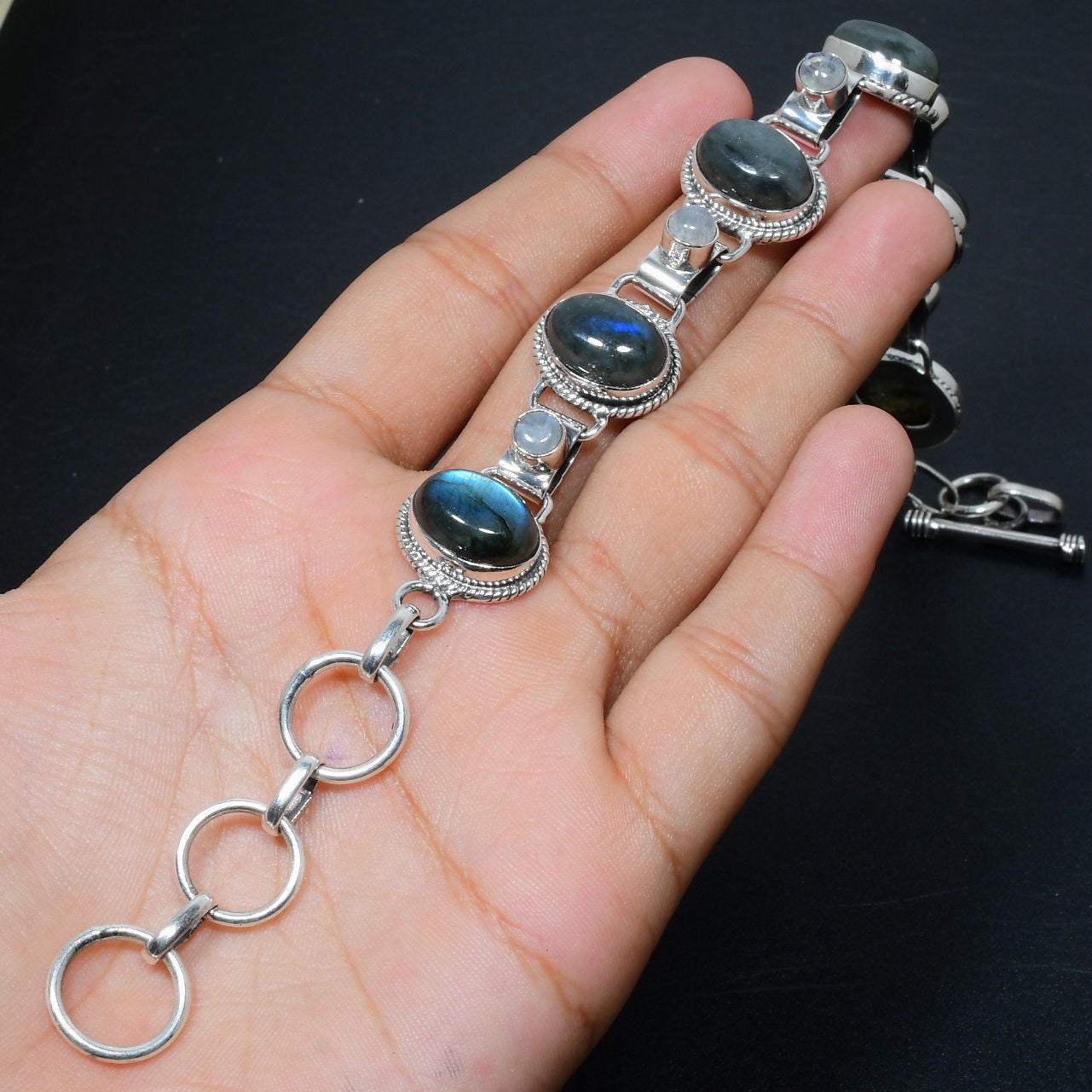 Grey Labradorite & White Moonstone Sterling Silver Bracelet