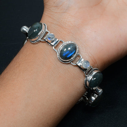 Grey Labradorite & White Moonstone Sterling Silver Bracelet