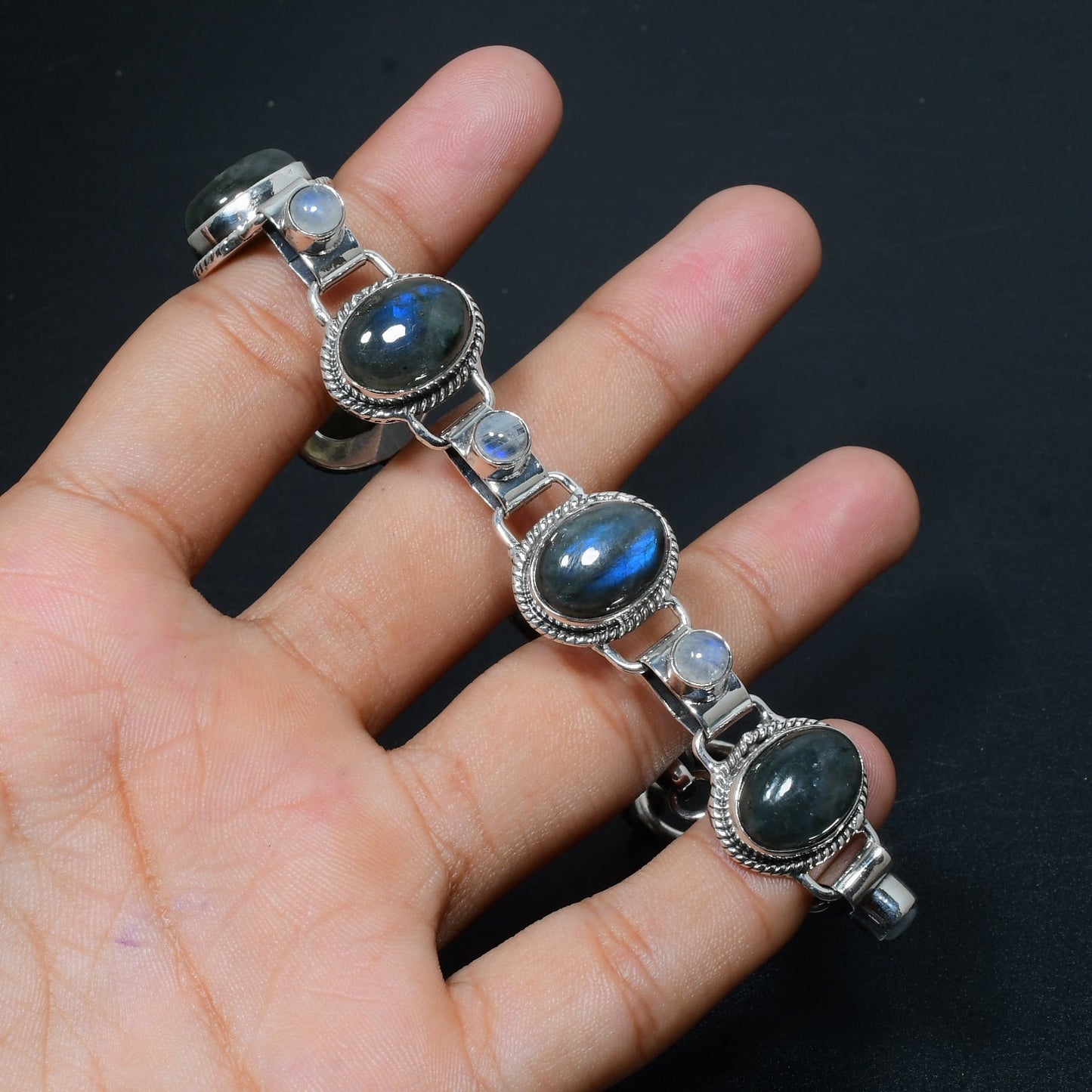 Grey Labradorite & White Moonstone Sterling Silver Bracelet