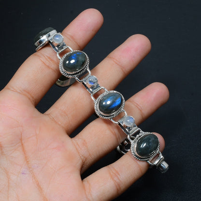 Grey Labradorite & White Moonstone Sterling Silver Bracelet