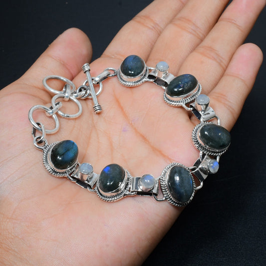 Grey Labradorite & White Moonstone Sterling Silver Bracelet