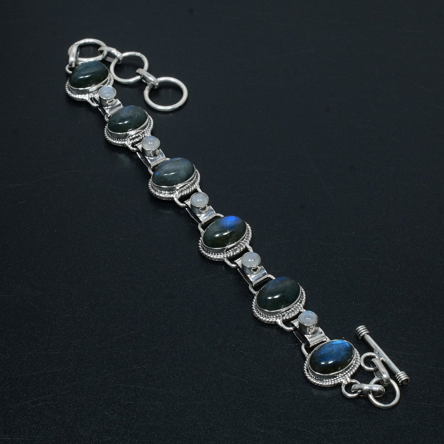Grey Labradorite & White Moonstone Sterling Silver Bracelet